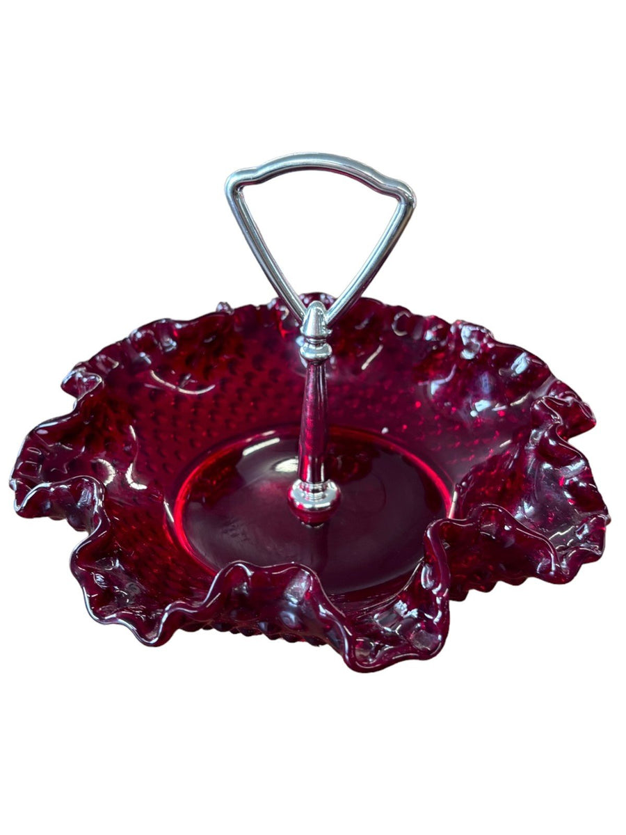 Fenton Ruby Red Hobnail Candy Dish Silver Handle Vintage