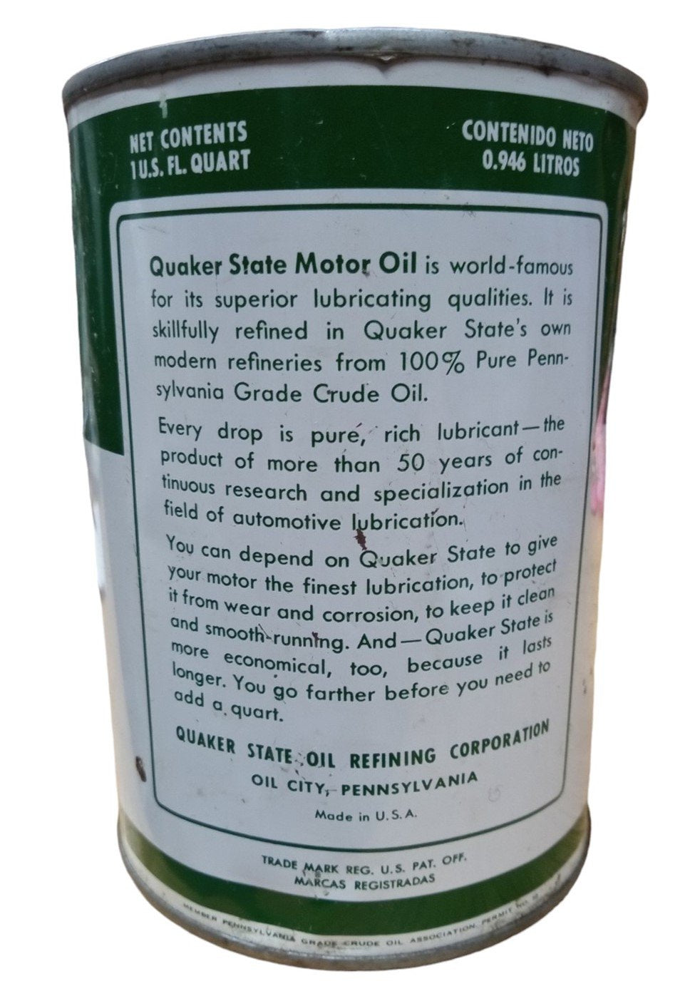 Quaker State Motor Oil Can Vintage Collectible Automotive Care Garage