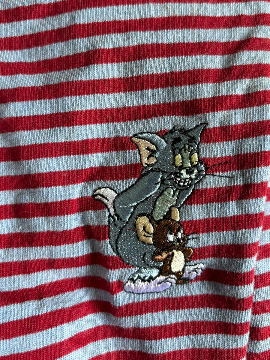 Tom and Jerry T-Shirt Striped Red Grey Embroidered Men's Medium HRLA Tee