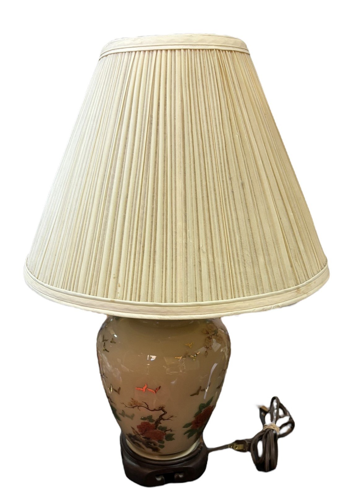 Chinoiserie Lamps Pair Ginger Jar Floral Mid Century Gold Cardinals Glass Decor