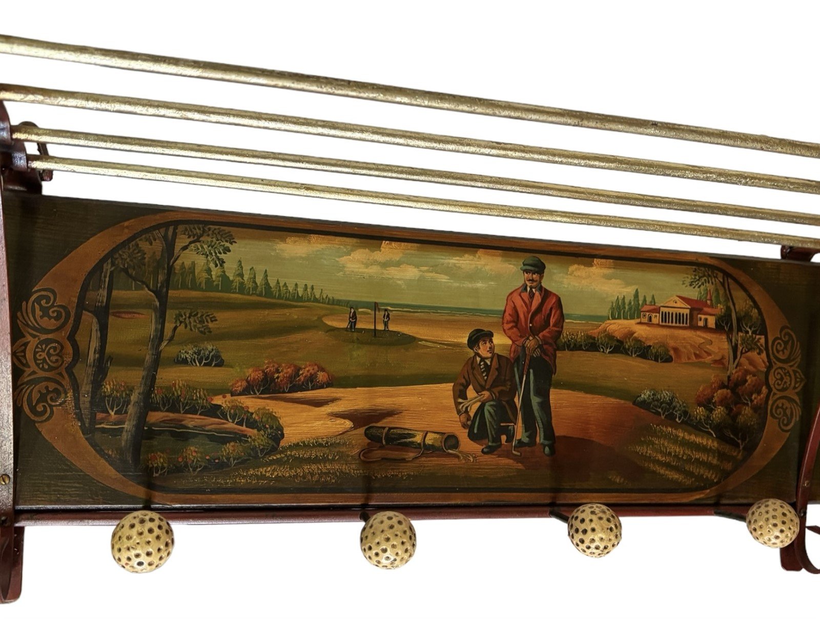 Golfing Coat Rack Wooden Painted Mural Wall Hanging Golf Motif Vintage Storage