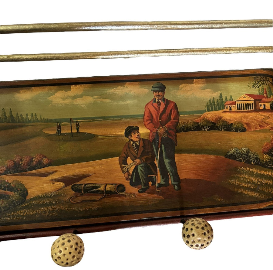 Golfing Coat Rack Wooden Painted Mural Wall Hanging Golf Motif Vintage Storage