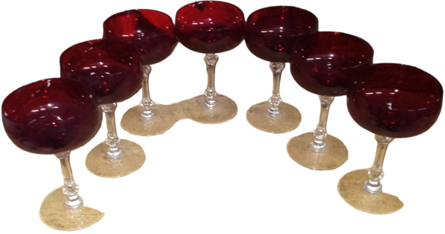 Ruby Red Champagne Wine Glass Antique Clear Stem Base Vintage Set of 7