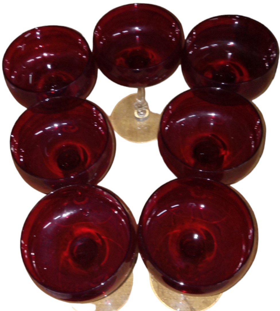 Ruby Red Champagne Wine Glass Antique Clear Stem Base Vintage Set of 7