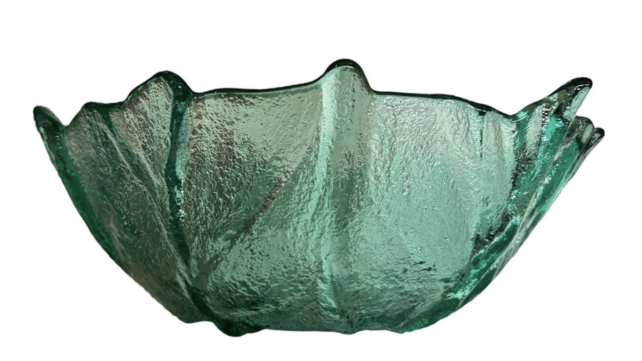 Blenko Cabbage Leaf Bowl Glass Textured Crystal Teal Aqua Salad Serving Dish