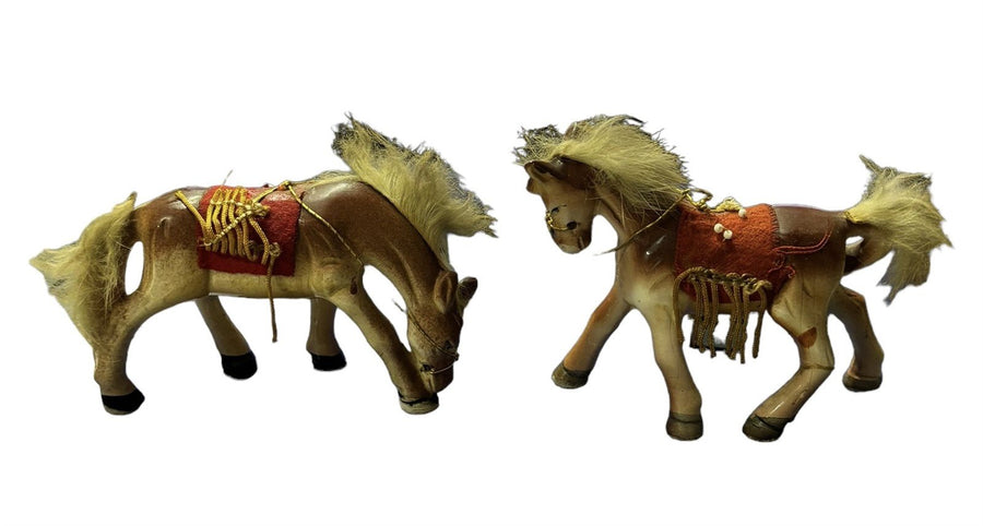 Bone China Horses Pair Red Saddle Rabbit Fur Mane and Tail Ceramic Figures