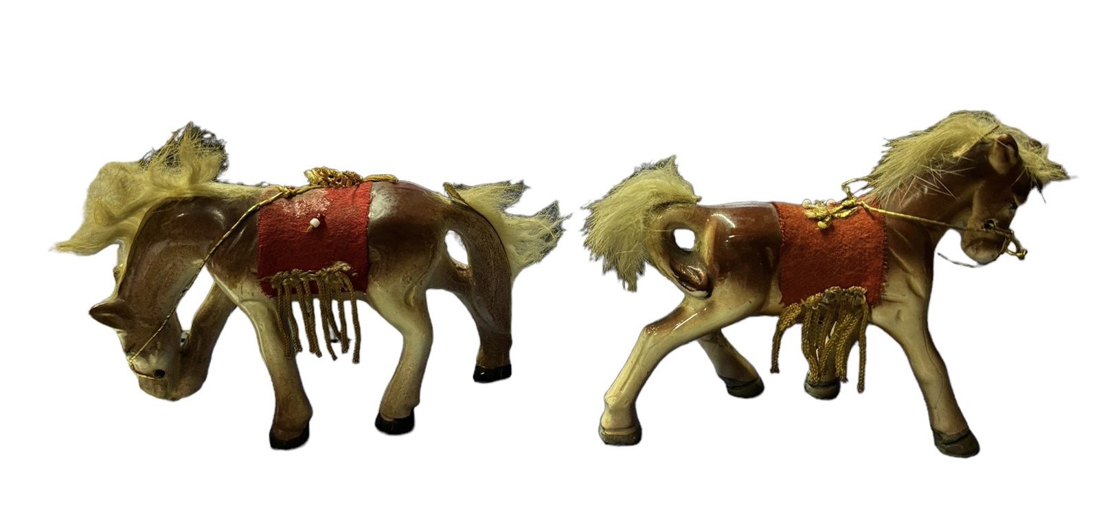 Bone China Horses Pair Red Saddle Rabbit Fur Mane and Tail Ceramic Figures