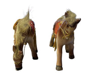 Bone China Horses Pair Red Saddle Rabbit Fur Mane and Tail Ceramic Figures