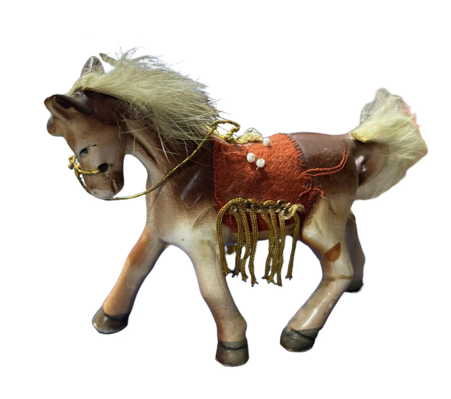 Bone China Horses Pair Red Saddle Rabbit Fur Mane and Tail Ceramic Figures