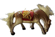 Bone China Horses Pair Red Saddle Rabbit Fur Mane and Tail Ceramic Figures