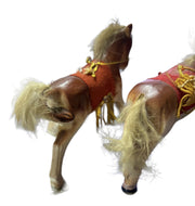 Bone China Horses Pair Red Saddle Rabbit Fur Mane and Tail Ceramic Figures