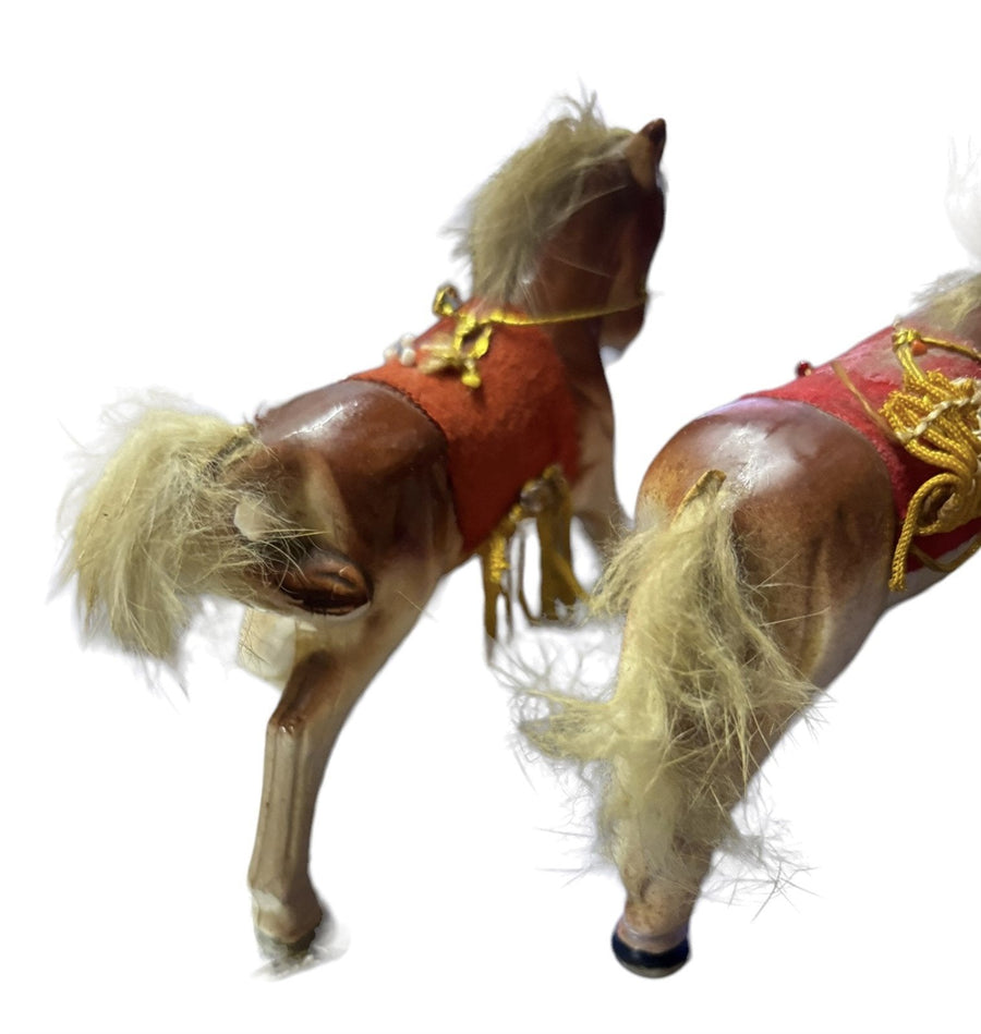 Bone China Horses Pair Red Saddle Rabbit Fur Mane and Tail Ceramic Figures