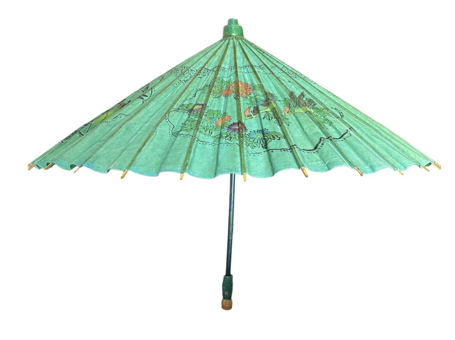 Parasol Japanese Wooden Rice Paper Umbrella Green Birds Flowers Decorative