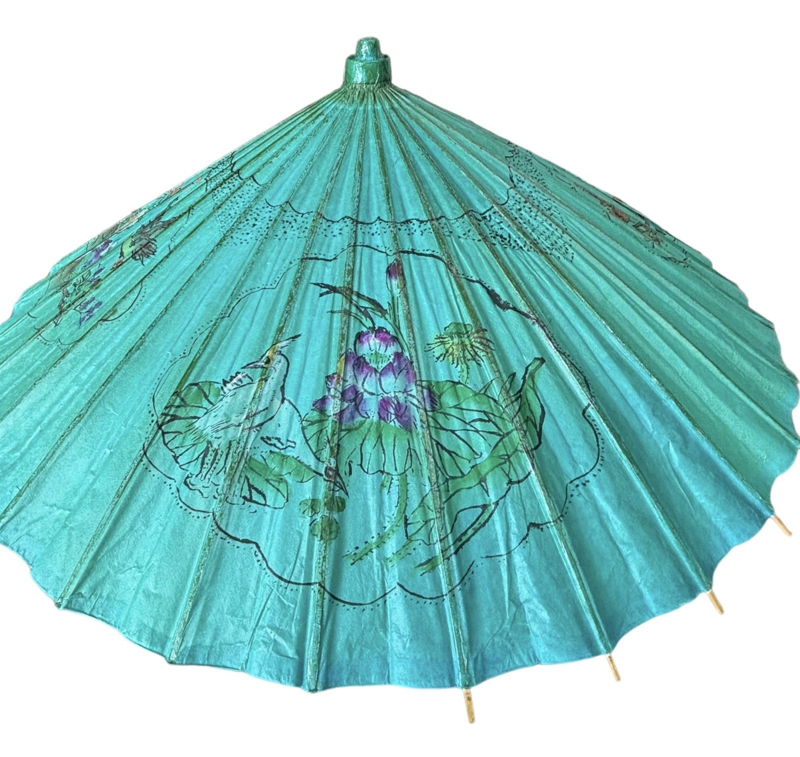 Parasol Japanese Wooden Rice Paper Umbrella Green Birds Flowers Decorative