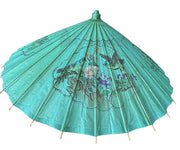 Parasol Japanese Wooden Rice Paper Umbrella Green Birds Flowers Decorative