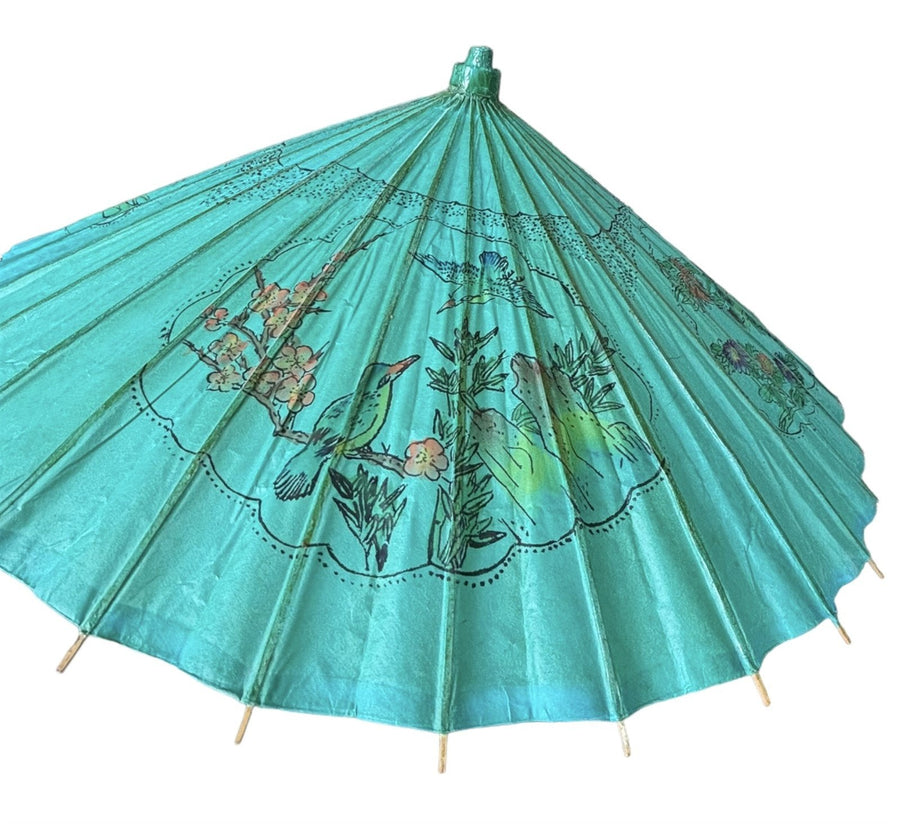 Parasol Japanese Wooden Rice Paper Umbrella Green Birds Flowers Decorative