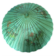 Parasol Japanese Wooden Rice Paper Umbrella Green Birds Flowers Decorative