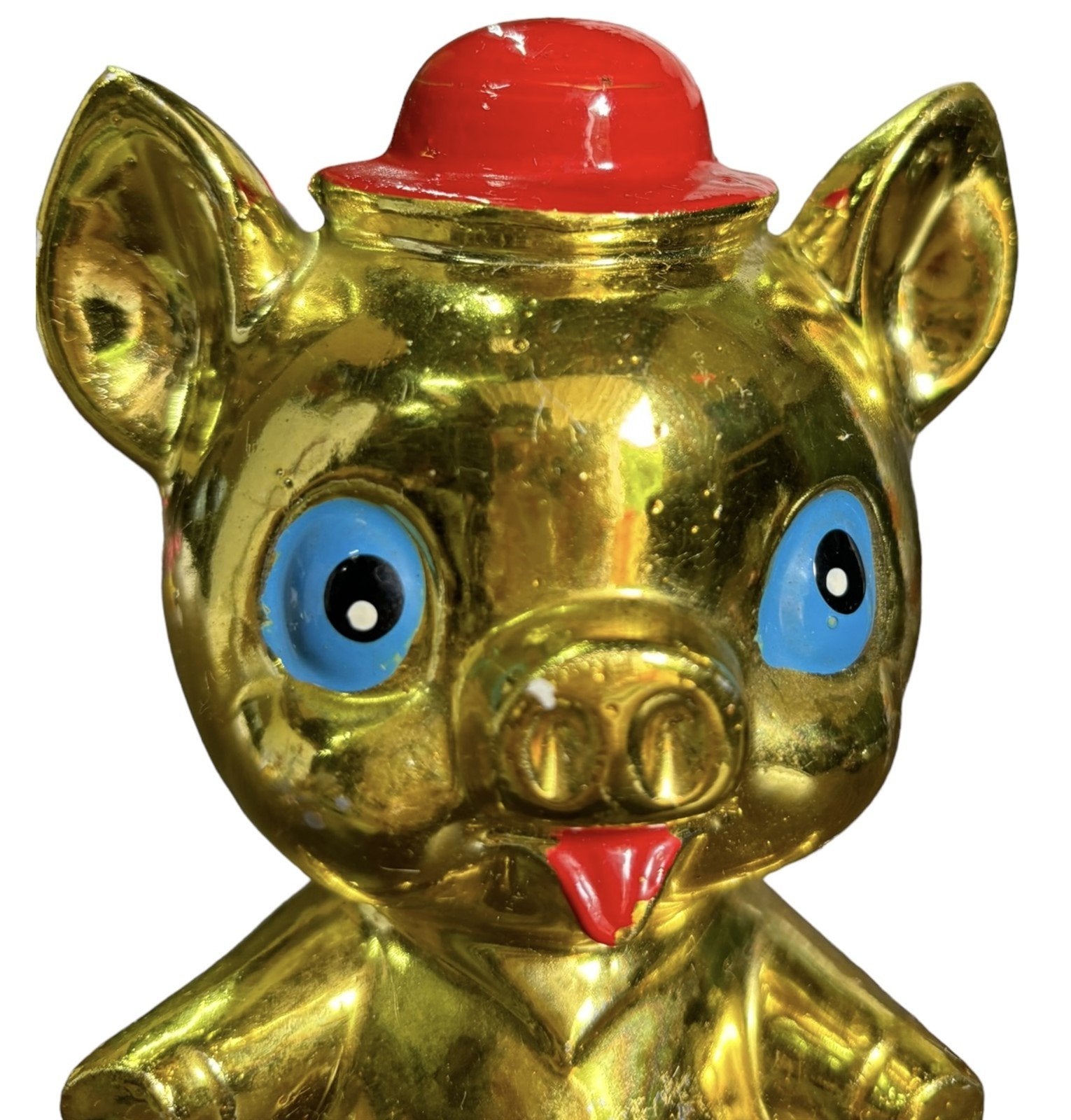 Piggy Bank MCM Gold Pig Red Hat Blue Eyes Vintage Home Decor Retro Japan