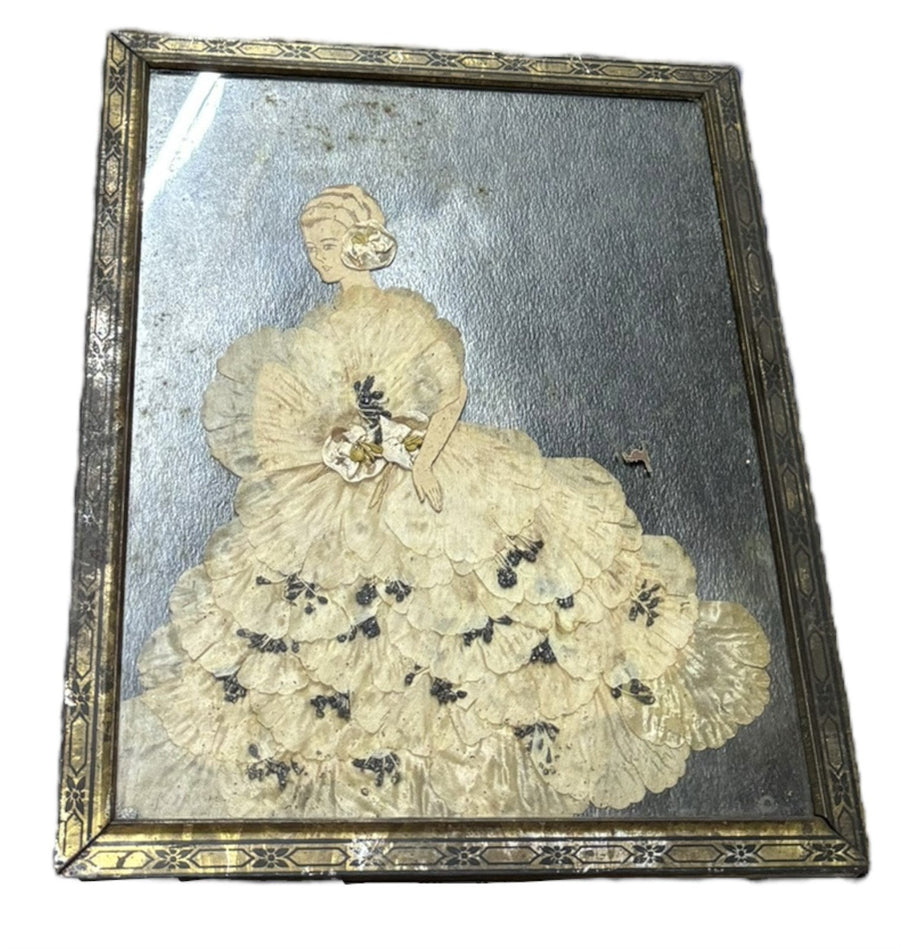 Silk Pressed Flowers Art Deco Woman Dress Picture In Frame Antique Home Decor