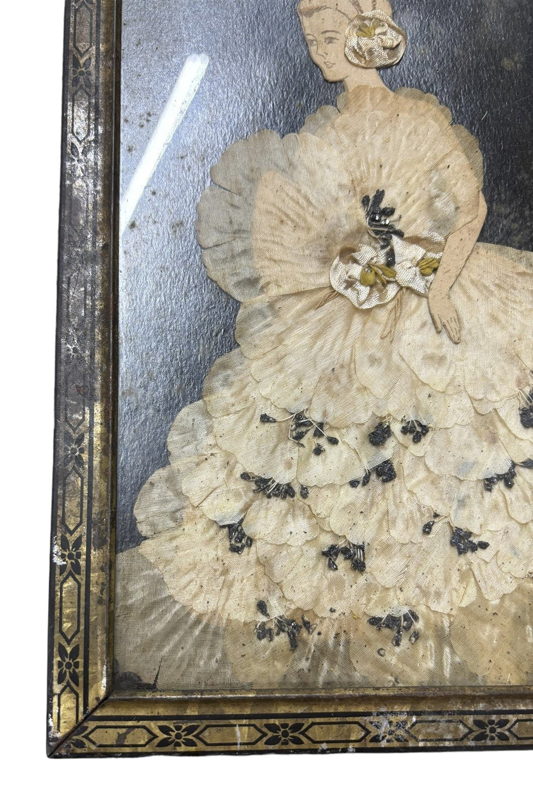 Silk Pressed Flowers Art Deco Woman Dress Picture In Frame Antique Home Decor