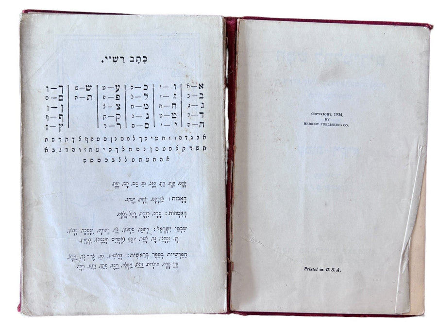 Hebrew Publishing Co. Book in Hebrew Printed in USA 1934 Antique
