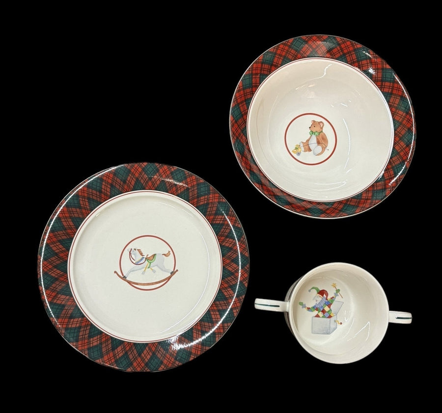 Arita Tartan Plaid Mug Bowl Plate 3pc Holiday Jester Bear Rocking Horse Dishes