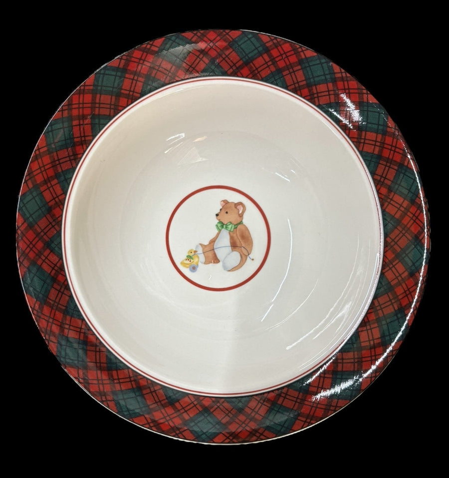 Arita Tartan Plaid Mug Bowl Plate 3pc Holiday Jester Bear Rocking Horse Dishes