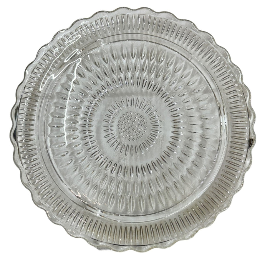 Cake Plate Three Footed Federal Glass Mandala Scalloped Edge Serving Ware