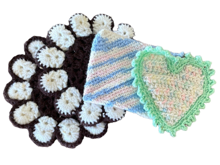 Handknit Trivets Lot of 4 Flower, Heart, and Rectangle Handmade Trivets