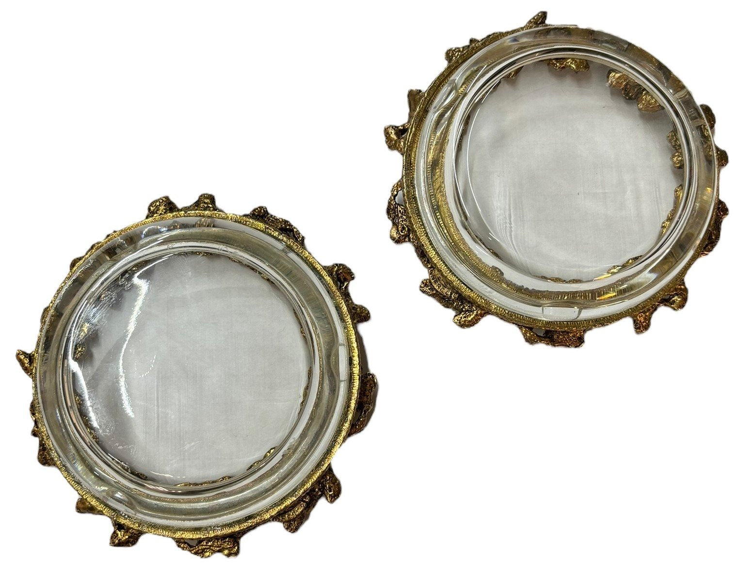 Trinket Trays Set of 2 Brass Hibiscus Floral Gold Rim Glass Vanity Ashtrays