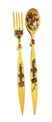 Wooden Spoon Fork Set of 2 Hand Painted Floral Red Serving Dining Vintage