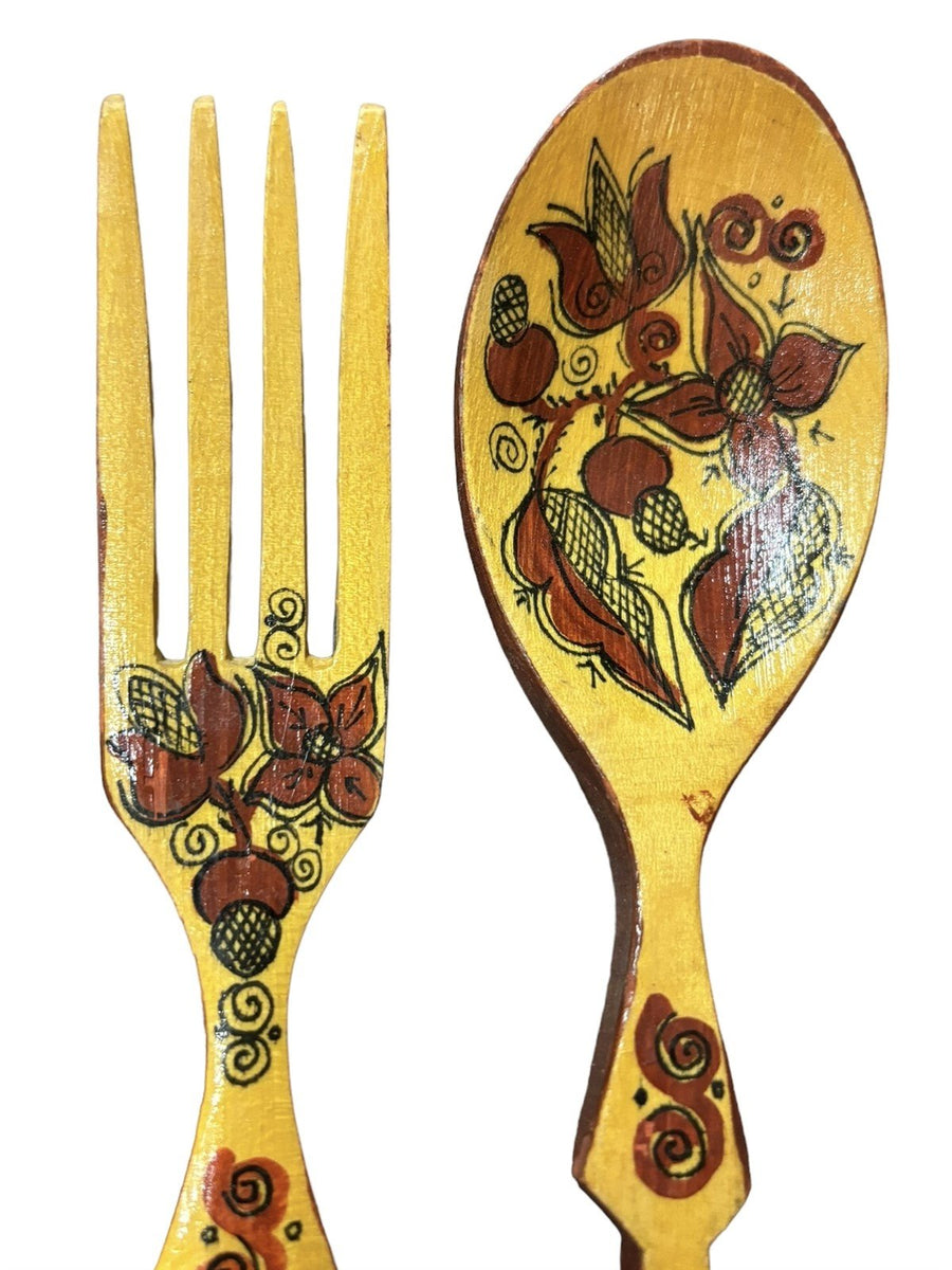 Wooden Spoon Fork Set of 2 Hand Painted Floral Red Serving Dining Vintage