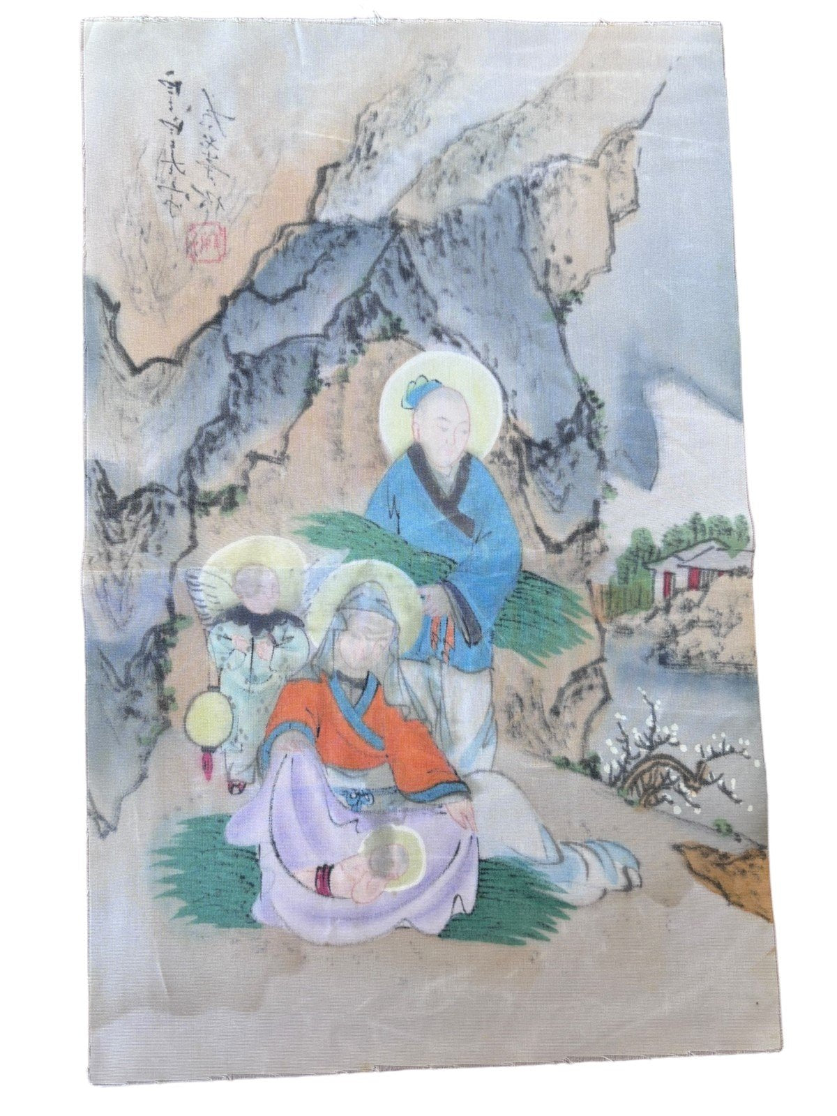 Chinese Silk Traditionally Painted Scroll Print Family Scene by Stream Vintage