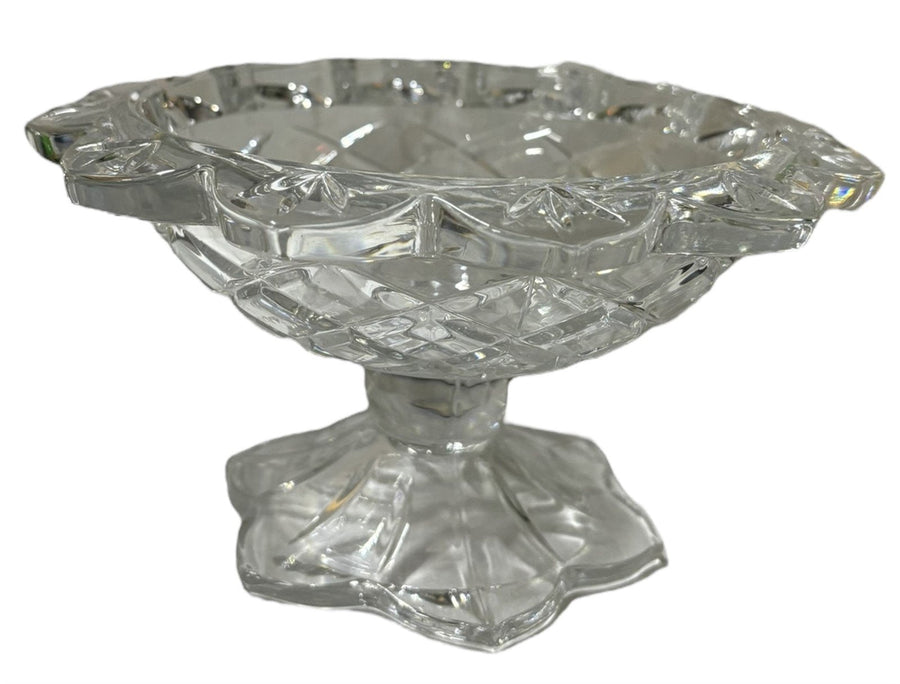Polonia Crystal Pedestal Candy Dish Geometric Glass Scalloped Edge