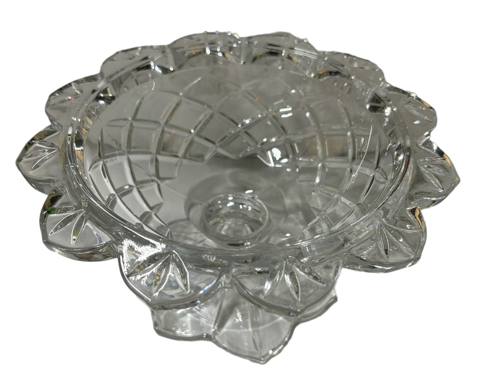 Polonia Crystal Pedestal Candy Dish Geometric Glass Scalloped Edge