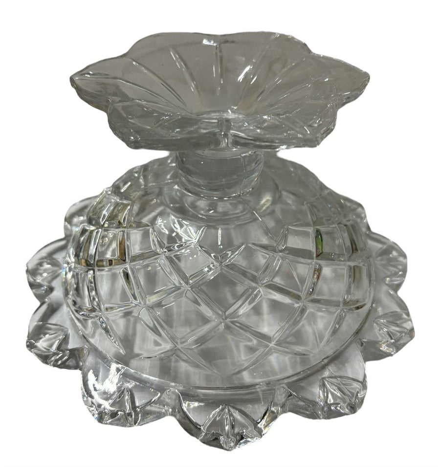 Polonia Crystal Pedestal Candy Dish Geometric Glass Scalloped Edge