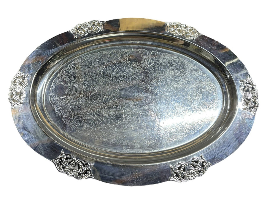 Silver Chrome Tray Ornate Etched Design Ornamental Floral Rim Serving Plate