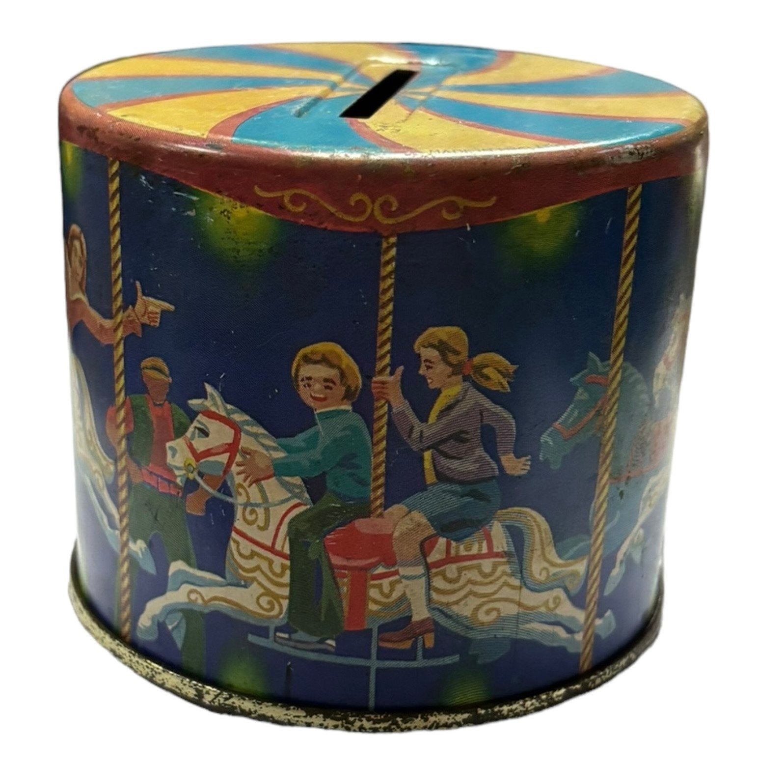 Tin Bank Merry Go Round Vintage Litho Can Carousel Design Carnival Home Decor