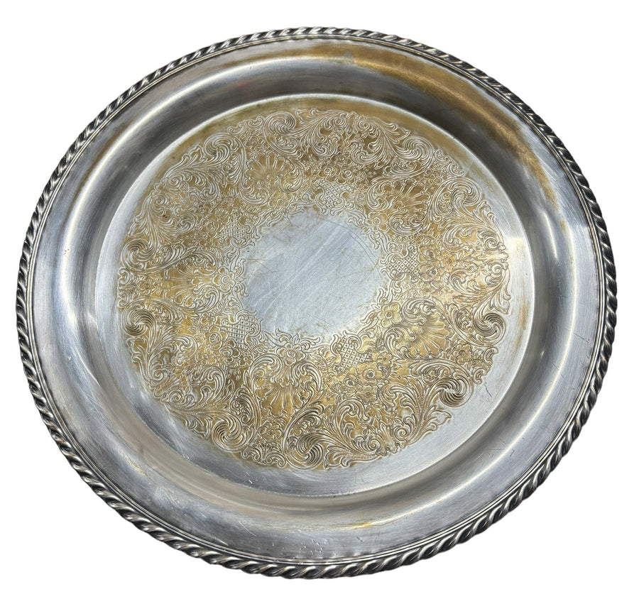 WM Rogers Arcadia Silverplate Serving Tray Braided Rim Etched Tray