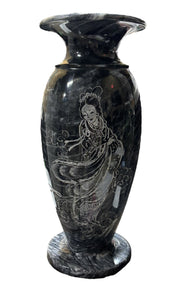 Vase Marbled Soapstone Geisha Etched Black and White Chinoiserie Home Decor