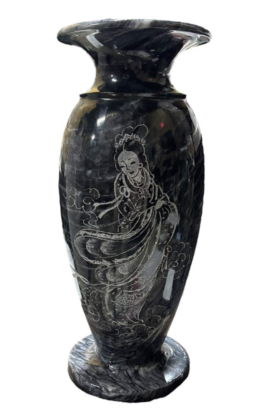 Vase Marbled Soapstone Geisha Etched Black and White Chinoiserie Home Decor