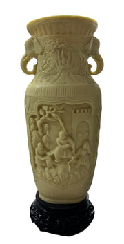Vase Carved Resin Chinoiserie Home Decor Elephant Engravings Speckled Ivory