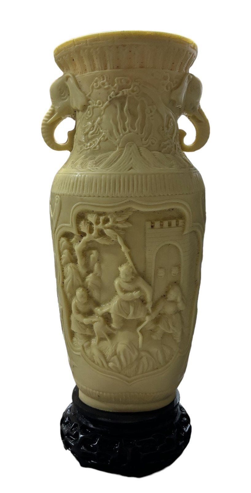 Vase Carved Resin Chinoiserie Home Decor Elephant Engravings Speckled Ivory