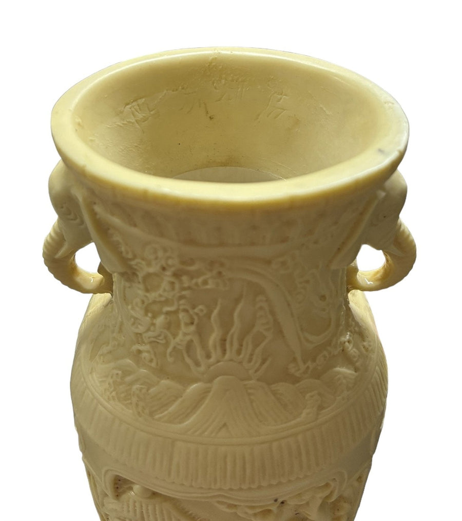 Vase Carved Resin Chinoiserie Home Decor Elephant Engravings Speckled Ivory