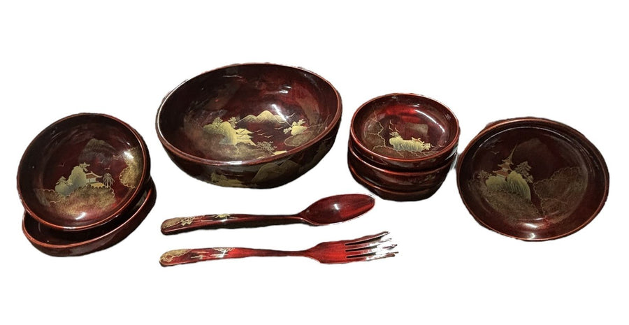 Bowl Set Red Lacquer 9pc Made In Japan Gold Design Serving Salad Ornate