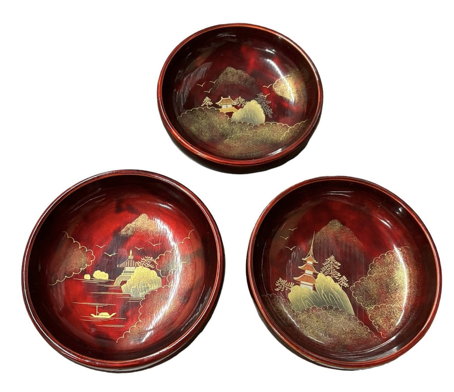 Bowl Set Red Lacquer 9pc Made In Japan Gold Design Serving Salad Ornate