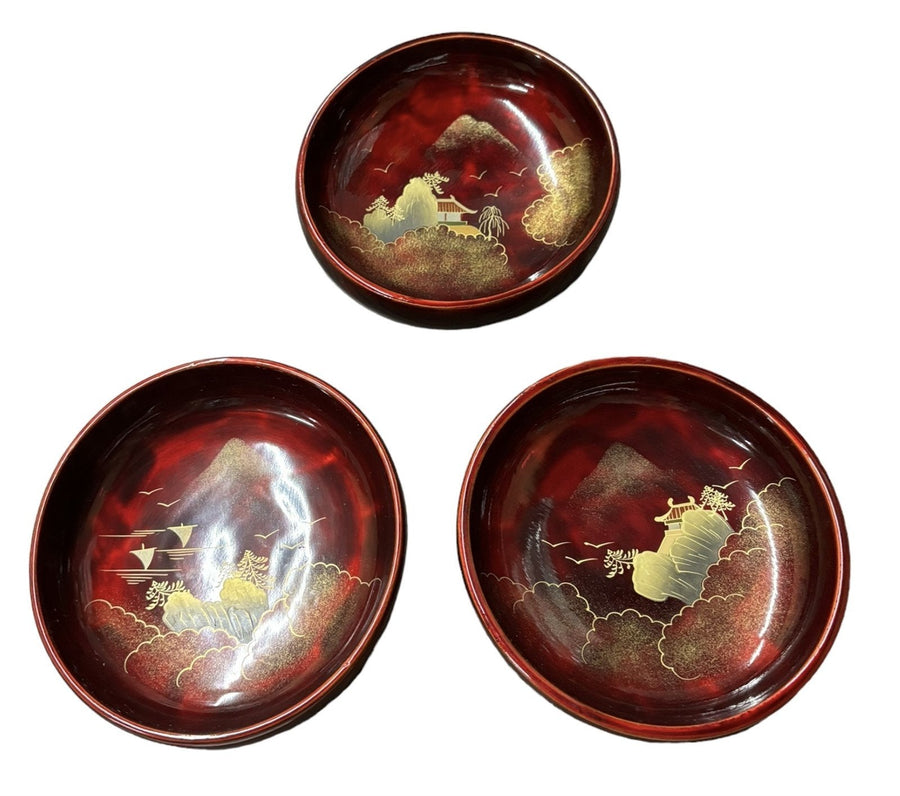 Bowl Set Red Lacquer 9pc Made In Japan Gold Design Serving Salad Ornate