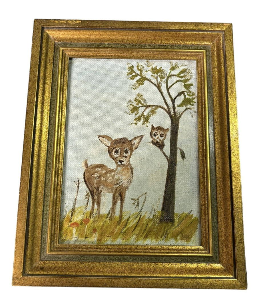 Painting Acrylic on Canvas Deer Owl Framed Wall Home Decor Edna Haines