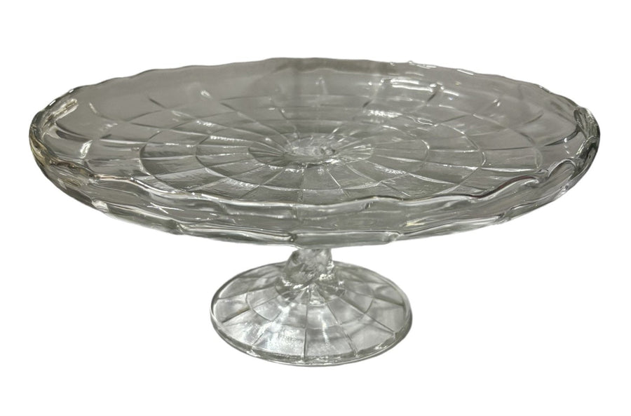 Cake Plate Glass Pedestal Serving Dish Scalloped Edge Geometric Pattern