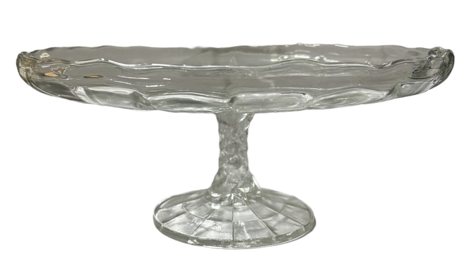 Cake Plate Glass Pedestal Serving Dish Scalloped Edge Geometric Pattern